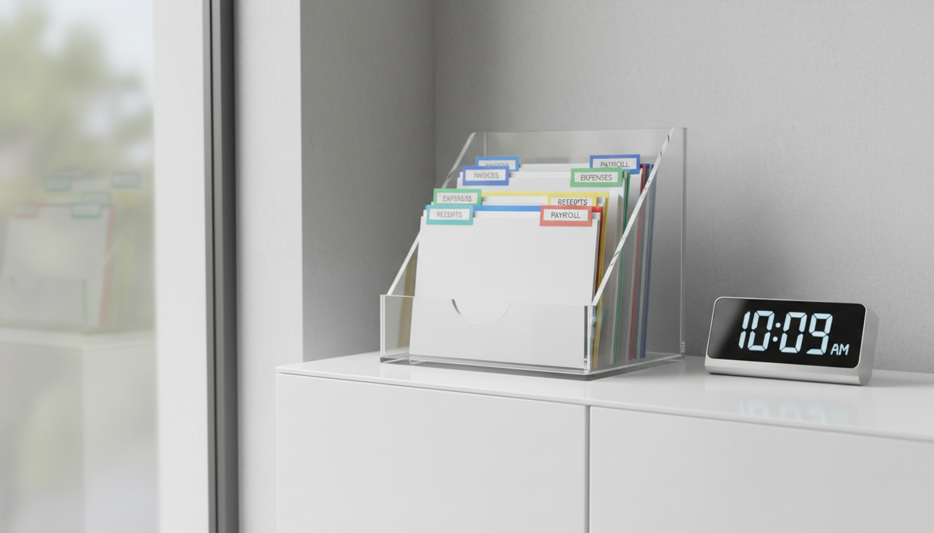 A transparent acrylic file sorter containing neatly labeled accounting documents with colored tabs, set atop a glossy white shelving unit. Next to it, a digital clock displays the current time in minimalist numerals. The environment includes softly textured, light-grey walls and a faint reflection of greenery from a nearby frosted window. The scene is bathed in gentle, ambient daylight, providing soft, even illumination and delicate shadow contours. Captured at a slightly elevated angle with a rule-of-thirds composition, the image combines sharp foreground detail with a subtly blurred background. This creates a harmonious, efficient mood with an organized, contemporary aesthetic—ideal for visually guiding newcomers through office routines.