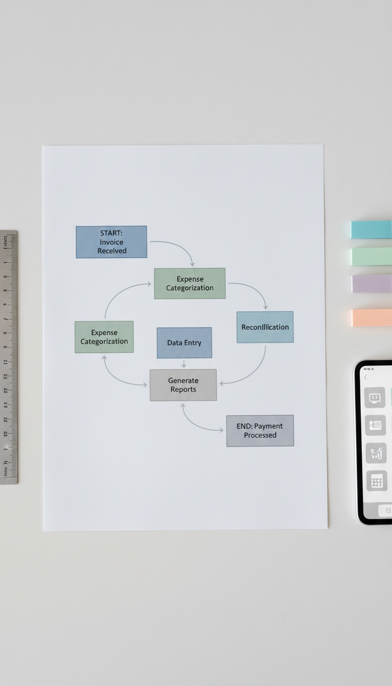 A close-up of a detailed workflow diagram printed on high-quality matte paper, featuring interconnected boxes and arrows in muted blue and green hues, highlighting steps in the accounting process. The diagram lies flat on a sleek, light-grey tabletop surrounded by neatly stacked stationery: a metallic ruler, pastel-colored sticky notes, and a digital tablet showing supplementary accounting software icons. Soft, indirect lighting from an overhead source illuminates the scene evenly, minimizing harsh shadows and enhancing clarity. The image is shot from a top-down, bird’s eye view, focusing on sharpness and precision. The atmosphere is orderly, quiet, and purposeful, with a clean and modern style reflecting a structured educational resource.