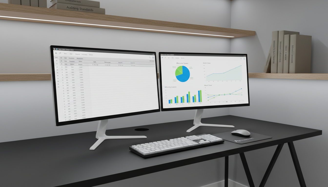 A pair of clean, modern computer monitors displaying accounting spreadsheets and summarized financial charts with crisp, colorful graphs in blue and green palettes. The monitors rest on a tidy, matte-black metal desk with a tactile keyboard and a corporate-branded mousepad. In the background, you see minimalist wall shelves bearing accounting reference books in neutral tones. Cool, diffused LED lighting provides bright, uniform illumination and minimizes glare on the screens. The composition is framed from a slight side angle, offering a dynamic yet uncluttered view, balanced by a moderate depth of field. The atmosphere is functional and focused, blending clean lines with a modern, professional look for an educational workspace.